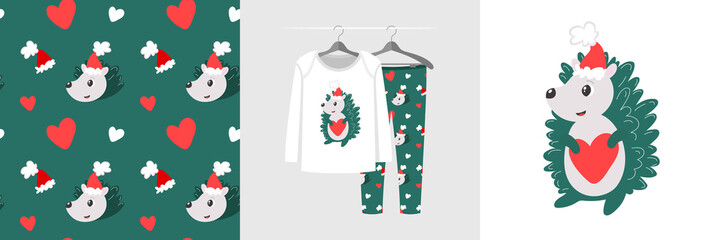 Seamless pattern and illustration set with hedgehog looks like a Christmas tree © stocklene