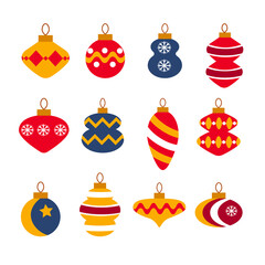 Set of christmas-tree decorations isolated on white background. Flat vector illustrations