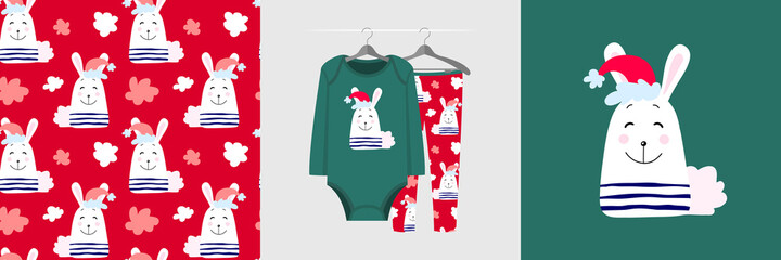 Seamless pattern and illustration set with Christmas rabbit at red cap