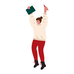Happy white woman in casual sweater with notepad and pencil in her hands. Graduation, advanced training. Education and business. Colorful flat character, isolated on white background