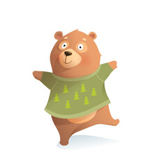 Obraz premium Bear wearing winter clothes, cute funny character design. Animal character for kids playing and hugging in winter. Vector clipart illustration for children.