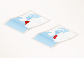 Two versions of a folded map of Morocco with the flag of the country of Morocco and with the red color highlighted.