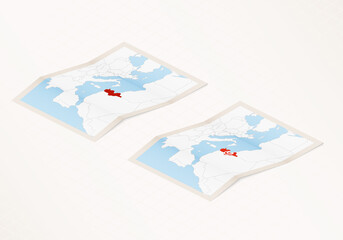 Two versions of a folded map of Tunisia with the flag of the country of Tunisia and with the red color highlighted.