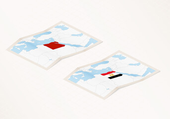 Two versions of a folded map of Egypt with the flag of the country of Egypt and with the red color highlighted.