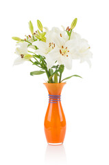 Bouquet of lilies in glass vase isolated  on white background