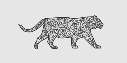 Creative Walking Tiger Logo Icon Design In Line Art, Outline and Geometric Style. Artistic Tiger Silhouette Vector. Best Tiger Illustration Design.