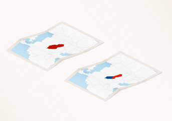 Two versions of a folded map of Czech Republic with the flag of the country of Czech Republic and with the red color highlighted.