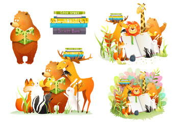 Forest Animals reading a book together. School and education for lion, bear, fox rabbit giraffe and funny moose. Characters collection for kids study or library, vector in watercolor style.