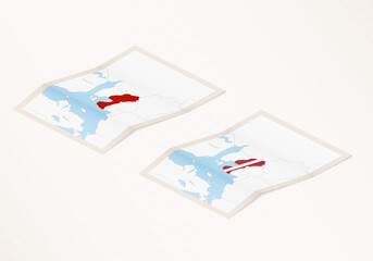 Two versions of a folded map of Latvia with the flag of the country of Latvia and with the red color highlighted.