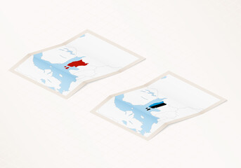 Two versions of a folded map of Estonia with the flag of the country of Estonia and with the red color highlighted.