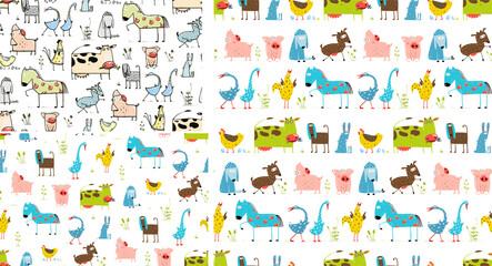 Farm domestic animals seamless pattern wallpaper. Hand drawn outline cow, rooster, goat, pig and goose in the field. Funny simple animals for kids. Vector hand drawn illustration.