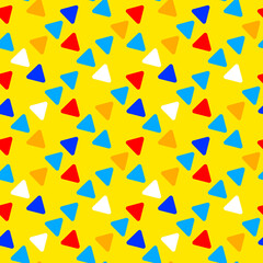 Vector simple illustration with bright color triangle on yellow background. Flat style seamless pattern design with triangle shape