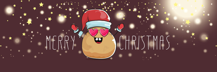 vector funky cartoon smiling santa claus potato with red santa hat and calligraphic christmas text on horizontal night background with blur and lights. vegetable funky christmas food character