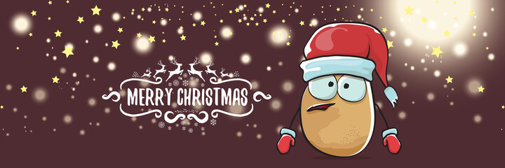 vector funky cartoon smiling santa claus potato with red santa hat and calligraphic christmas text on horizontal night background with blur and lights. vegetable funky christmas food character