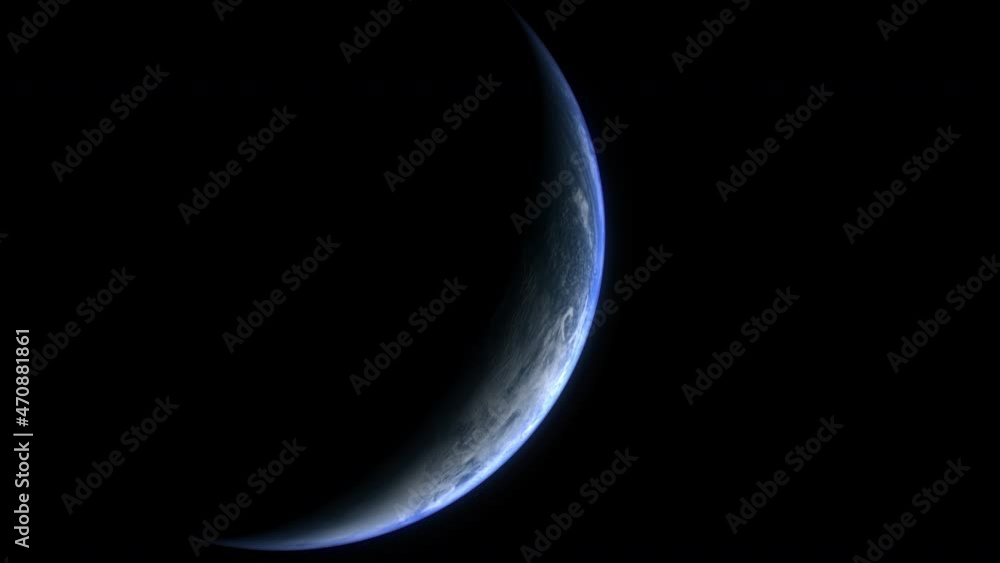 Poster sun rise above earth as view from space with vibrant blue atmosphere and cloudy sky showing continen