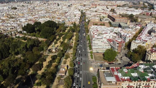 Aerial drone footage of the avenue El Cid and Men&eacute;ndez Pelayo along the Murillo gardens in the heart of Seville in Andalusia, Spain