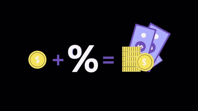 investment concept animation with ALPHA channel. golden coins, percentage and dollar bills. Investing strategy, fundamental analysis. invest and increase your savings. Compound interest, reinvesting
