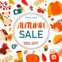 Autumn sale background with many elements: wild animals, harvest, shoes, house, sweater, cake and more. Vector illustration.