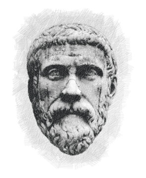 Pythagoras or Pitagora pen sketch illustration. Greek philosopher and scientist. Poster, Wall Decoration, Postcard, Social Media Banner, Brochure Cover Design Background. Vector Pattern. 