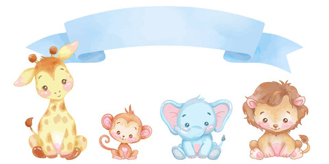 Watercolor cute baby animals with ribbon. vector design for kids. lion, giraffe, elephant, monkey cartoon.