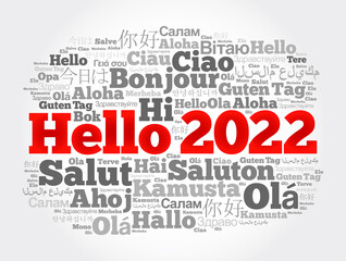 Hello 2022 word cloud in different languages of the world, concept background