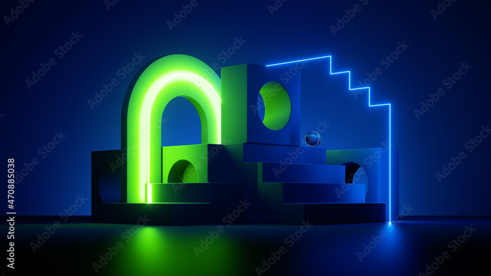 Aufkleber 3d render, blue background with abstract geometric shapes glowing with neon light. modern minimal sh