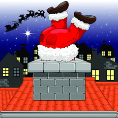 Funny Christmas Santa Claus coincé dans la cheminée, dans la ville tranquille de Noël la nuit