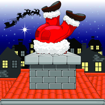Funny Christmas Santa Claus Stuck in the Chimney, on Quiet Christmas City by Night

