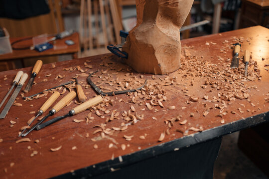 Set of wood chisels on table
