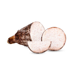 Raw taro and sliced isolated on white background