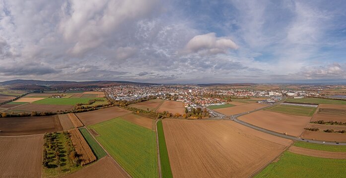 Drone panorama over Hessian town Butzbach during the day in autumn