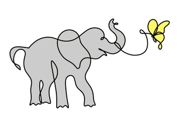 Silhouette of abstract color elephant as line drawing on white. Vector