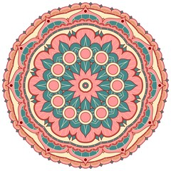 Beautiful mandala with multi-coloured plant pattern isolated on white background. Vector design.