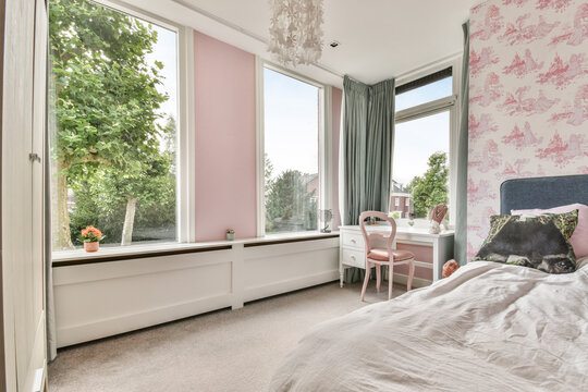 Pink Bedroom Interior With Big Windows