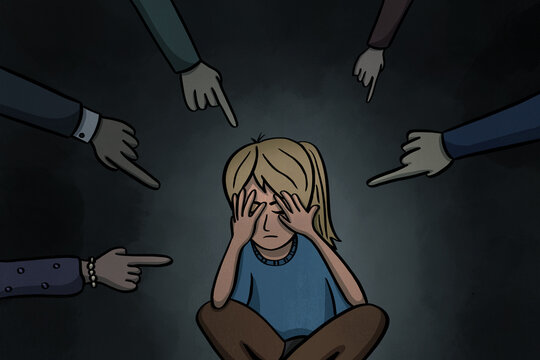 Symbolic Illustration for discrimination, blaming and bullying. Sad person sitting on the floor with her face in her hands and people pointing fingers at her.