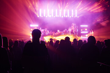 silhouette of the audience at a music concert. the happy audience dances and applauds their idols. bright multicolored spotlights illuminate the stage and the auditorium