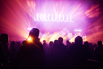 silhouette of the audience at a music concert. the happy audience dances and applauds their idols. bright multicolored spotlights illuminate the stage and the auditorium