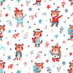 Obraz na płótnie Canvas Christmas seamless pattern with joyful tigers characters and confetti, stars. Watercolor hand painted illustration. Winter holiday print for packaging, wrapping paper, textile, home decor
