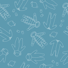 Naklejka premium Seamless pattern of baby winter clothes. Line art winter coat, overalls, snow suit, jumpsuit, hats and mittens. White objects on blue background.Doodle style. 