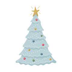 A decorated Christmas tree with a garland, a star and toys. Pastel blue color. Hand-drawn flat Christmas attribute, design element isolated on a white background. Color vector illustration.