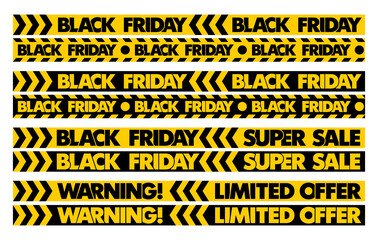 Fototapeta premium Warning Black Friday Super Sale. Set stripes yellow and black color pattern on ribbon. Vector seamless template background