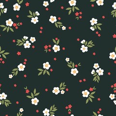 Seamless vintage pattern. cute
white and red flowers, green leaves on a dark green background. vector texture. fashionable print for textiles.