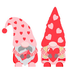 Cute cartoon Valentine gnomes with envelope and heart. Vector festive illustration. Isolated on white background.