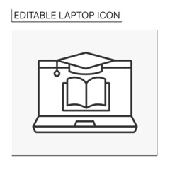  Computer line icon.Online education. Academical cap. Books for studying. Laptop concept. Isolated vector illustration. Editable stroke