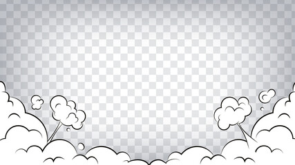 Comic frame background. Cartoon puff cloud frame on transparent background. Boom, pow effect. Explosion with puffs of smoke in cartoon style.