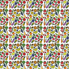 Colored seamless pattern with vegetables and fruits icons. vector food icons
