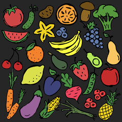 Set of colored vegetables and fruits icons. vector food icons