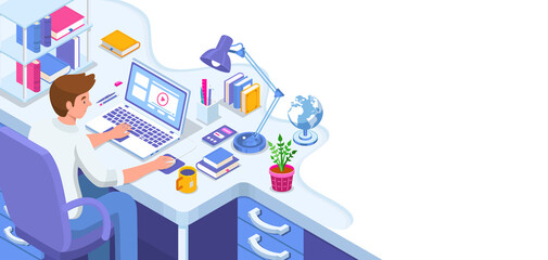 Learning online at home. Student sitting at desk and looking at laptop. E-learning banner. Web courses or tutorials concept. Distance education flat isometric illustration.
