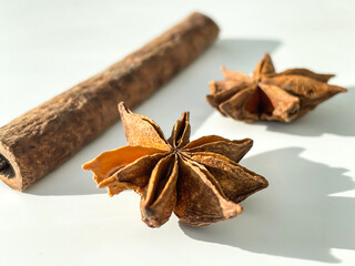Close-up of cinnamon stick and anise stars isolated on white background. Christmas spices.