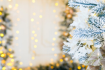 blurred christmas tree, snow, christmas, light background